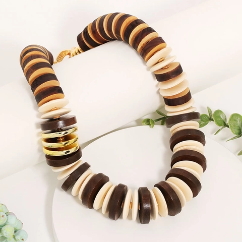 Klobige Perlenkette Holz CCB Legierung Runde Flache Perlen Boho Handgefertigter Statement Schmuck Für Damen