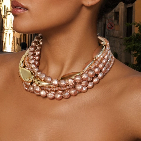 Multi Layer Necklace With Alloy CCB Crystal And Faux Artificial Pearl Champagne Rose Gold Statement Jewelry For Women