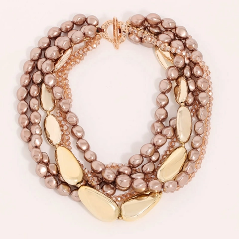 Multi Layer Necklace With Alloy CCB Crystal And Faux Artificial Pearl Champagne Rose Gold Statement Jewelry For Women