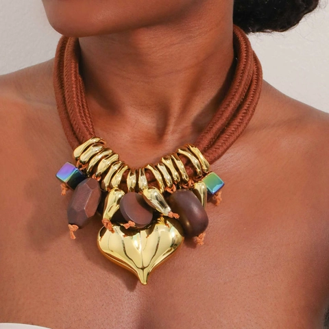 Statement Pendant Necklace Alloy Heart Large Woven Polyester Rope Multi Strand Bohemian Vintage Ethnic Jewelry For Women