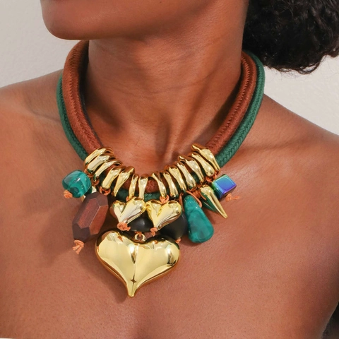 Statement Pendant Necklace Alloy Heart Large Woven Polyester Rope Multi Strand Bohemian Vintage Ethnic Jewelry For Women