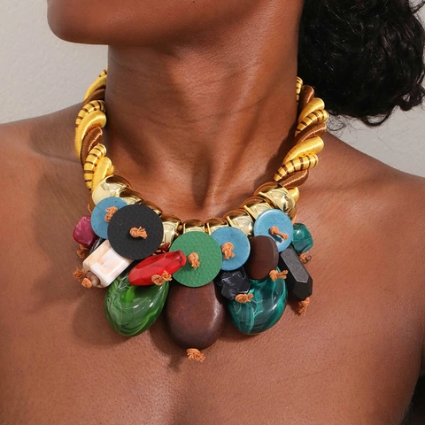 Bohemian Statement Ketting Chunky Hanger Polyester Touw Hout Hars Multi-materiaal Etnische Stijl Sieraden Vrouwen