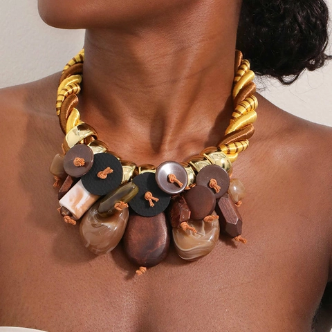 Bohemian Statement Ketting Chunky Hanger Polyester Touw Hout Hars Multi-materiaal Etnische Stijl Sieraden Vrouwen