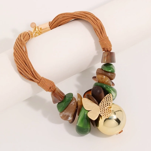 Collana Con Pendente A Farfalla Bohemienne Lega Resina Legno Corda Di Cera Gioielli Etnici Vintage Per Donna
