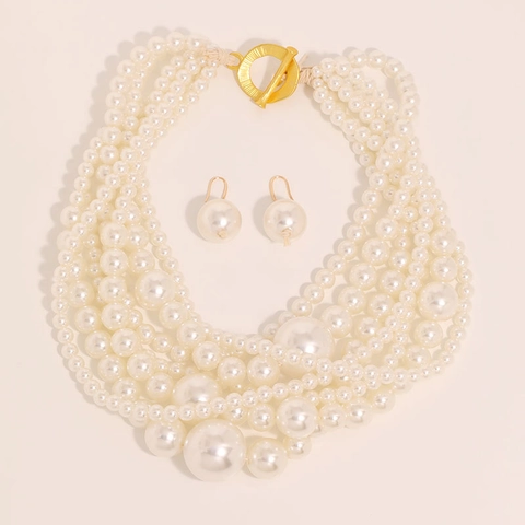Elegante Mehrlagige Künstliche Perlenimitation Halskette Und Ohrringe Mit Goldenem Knebelverschluss Legierung Vintage Stil Dames