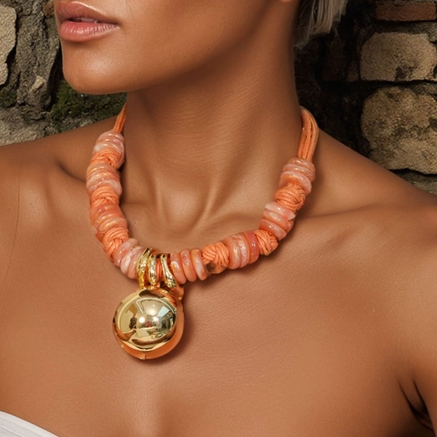 Bohemian Statement Necklace Large Gold Alloy Ball Pendant Orange Acrylic Beads Multi Strand Woven Wax Rope Exotic Women