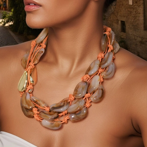 Collana Multistrato Perline In Resina Con Corda Di Cera E Catena In Lega Boho Fatto A Mano Retro