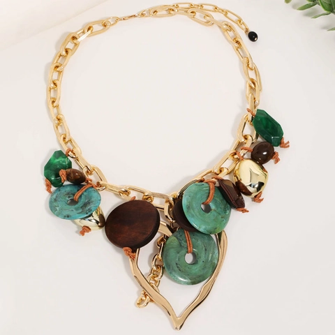 Bohemian Vintage Green Brown Patchwork Necklace For Women Zinc Alloy Wood Acrylic Aluminum Natural Stone Heart Pendant Chain