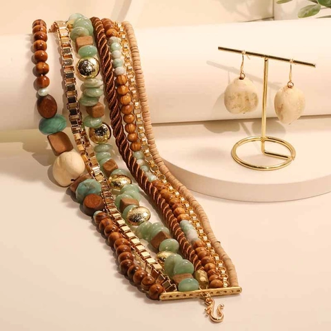 Collana Di Perle Multistrato Bohémien E Orecchini Legno Pietra Naturale Gioielli Artigianali In Stile Etnico Per Donne