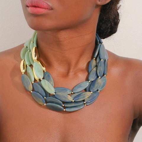 Bohemian Multi-layer Statement Necklace Acrylic Marble Beads Chunky Clavicle Chain Alloy Geometric Women