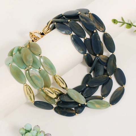 Bohemian Multi-layer Statement Necklace Acrylic Marble Beads Chunky Clavicle Chain Alloy Geometric Women