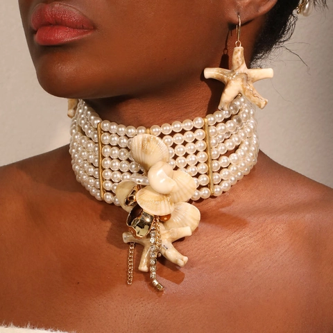 Collana Girocollo Con Imitazione Perla Artificial E Orecchini Stella Marina Conchiglia Strass Nappa Spiaggia Vacanza Donne