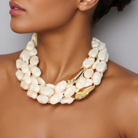 Collar De Perlas Artificiales De Imitación Multicapa Estilo Barroco Cuentas Irregulares Aleación Tono Dorado Gargantilla Con Cierre De Tilla