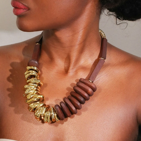 Bohemian Statement Necklace For Women Wood CCB Alloy Wax Rope Contrasting Black Gold Ethnic Style Chunky Collar