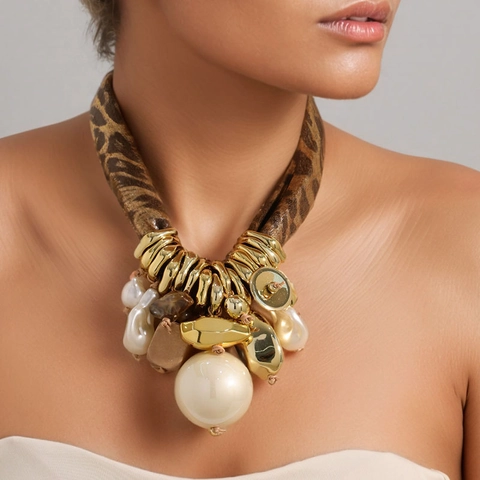 Vintage Leopard Print Fabric Statement Necklace With Faux Artificial Pearl Wood Acrylic Pendants Alloy Rings Bold Jewelry For Women