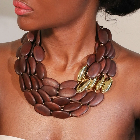 Mehrlagige Perlenkette Für Damen Vintage Holz CCB Legierung Ovale Perlen Statement Boho Schmuck Retro Stil