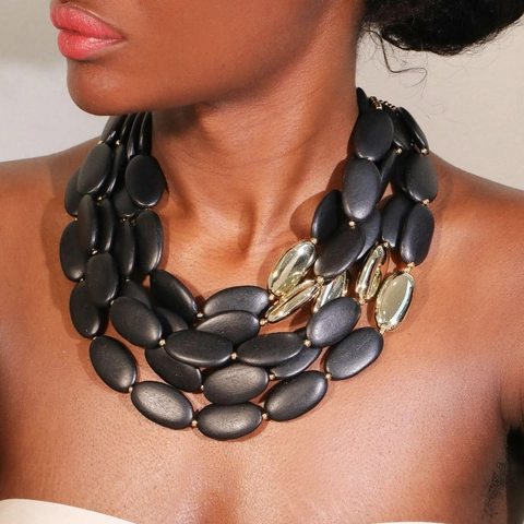 Mehrlagige Perlenkette Für Damen Vintage Holz CCB Legierung Ovale Perlen Statement Boho Schmuck Retro Stil