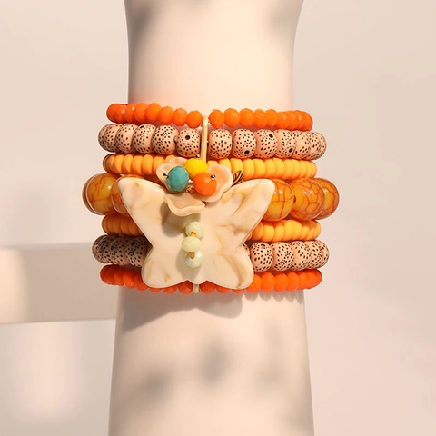 Bohemian Meerlaagse Kralenarmband Glas Acryl Polymeerklei Legering Vlinder Hanger Elastische Sieraden