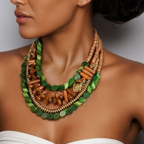 Collana Multistrato Perline In Legno Verde Marrone Accenti In Lega Dorata Boho Etnico Vintage Statement Per Donna
