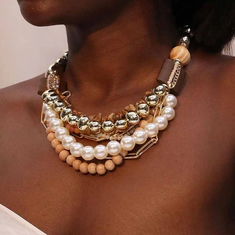 Statement Multi-Layer Jewelry Set With Imitation Artificial Pearls Wood Beads Glass Acrylic Alloy Retro Ethnic Bohemian Style