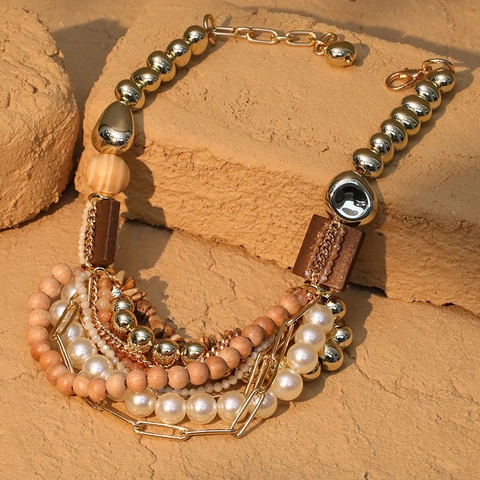 Statement Multi-Layer Jewelry Set With Imitation Artificial Pearls Wood Beads Glass Acrylic Alloy Retro Ethnic Bohemian Style
