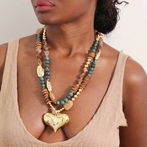 Vintage Bohemian Heart Pendant Beaded Necklace Multi Layer Wood Acrylic Alloy Exaggerated Statement Jewelry Women