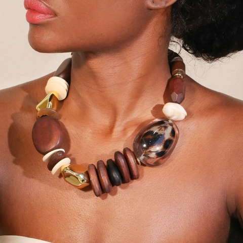 Chunky Beaded Necklace Wood Acrylic Alloy Leopard Print Bohemian Statement Handmade Retro Jewelry For Women