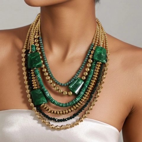 Collana Di Perline Multistrato Verde Acrilico Vetro Lega Bohemien Vintage Catena Da Clavicola Donna Con Chiusura T-Bar