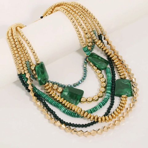 Collana Di Perline Multistrato Verde Acrilico Vetro Lega Bohemien Vintage Catena Da Clavicola Donna Con Chiusura T-Bar