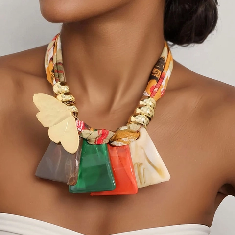 Bohemian Statement Pendant Necklace Printed Polyester Fabric Rope Golden Butterfly Colorful Acrylic Trapezoid Charms