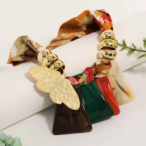 Bohemian Statement Pendant Necklace Printed Polyester Fabric Rope Golden Butterfly Colorful Acrylic Trapezoid Charms