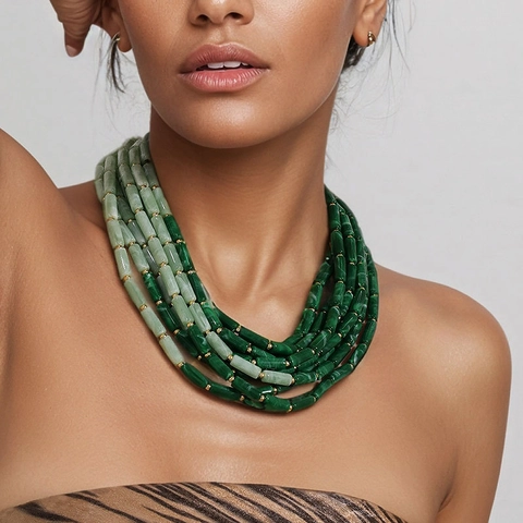 Bohemian Multi-Layer Beaded Necklace With Green Gradient Acrylic Cylindrical Beads And Golden Alloy Accents Toggle Clasp