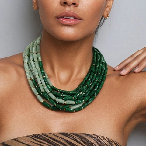 Bohemian Multi-Layer Beaded Necklace With Green Gradient Acrylic Cylindrical Beads And Golden Alloy Accents Toggle Clasp