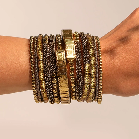 Bracciale Avvolgente Multi Strato Lega Dorata Perline CCB Boemia Vintage Gioielli Geometrici Donna