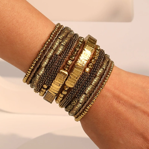 Bracciale Avvolgente Multi Strato Lega Dorata Perline CCB Boemia Vintage Gioielli Geometrici Donna