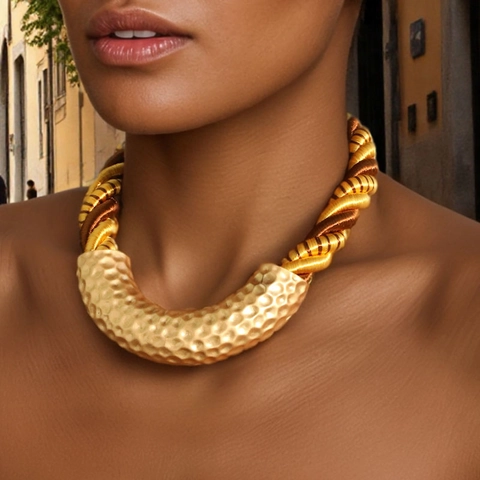 Retro Hammered Alloy U-Shaped Necklace And Earrings Jewelry Set With Polyester Braided Rope For Women