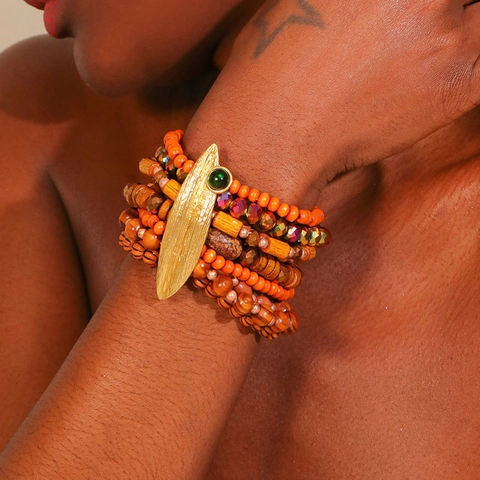 Meerlaagse Kralen Armband Hout Glas Legering Bladhanger Boheemse Etnische Stijl Vintage Rekbare Armring Dames Sieraden