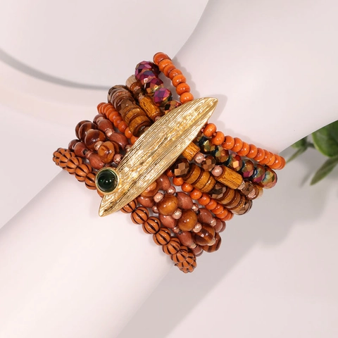 Meerlaagse Kralen Armband Hout Glas Legering Bladhanger Boheemse Etnische Stijl Vintage Rekbare Armring Dames Sieraden