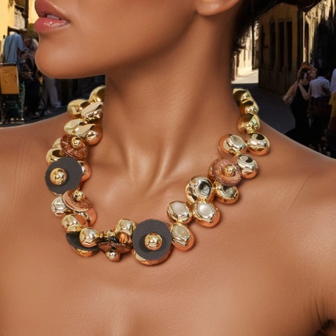 Collana Statement Donna Grossa Perle CCB Oro Irregolari Dischi Misti Gioielli Moda Stile Boho Retro Industriale