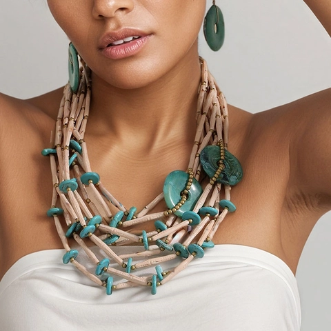 Collana Multistrato Boho Con Dischi In Acrilico Turchese E Perline A Tubo Beige Accenti In Lega Gioielli Etnici