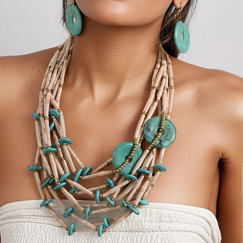Collana Multistrato Boho Con Dischi In Acrilico Turchese E Perline A Tubo Beige Accenti In Lega Gioielli Etnici