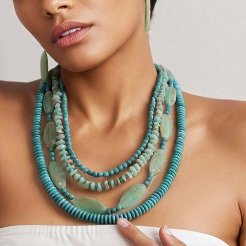 Bohemian Multi Layer Beaded Necklace And Earrings Handmade Simulated Stone Acrylic Vacation Ethnic Jewelry For Women