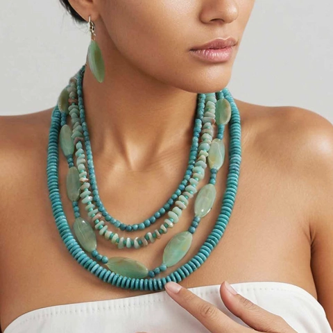 Bohemian Multi Layer Beaded Necklace And Earrings Handmade Simulated Stone Acrylic Vacation Ethnic Jewelry For Women