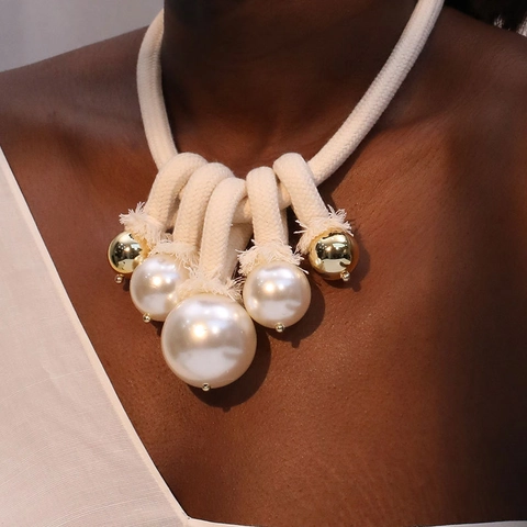 Collana In Corda Intrecciata Con Grandi Künstliche Perle Di Imitazione E Perline Dorate Gioielli Boho Con Frange Per Donna