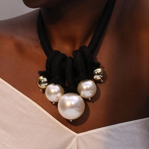 Collana In Corda Intrecciata Con Grandi Künstliche Perle Di Imitazione E Perline Dorate Gioielli Boho Con Frange Per Donna