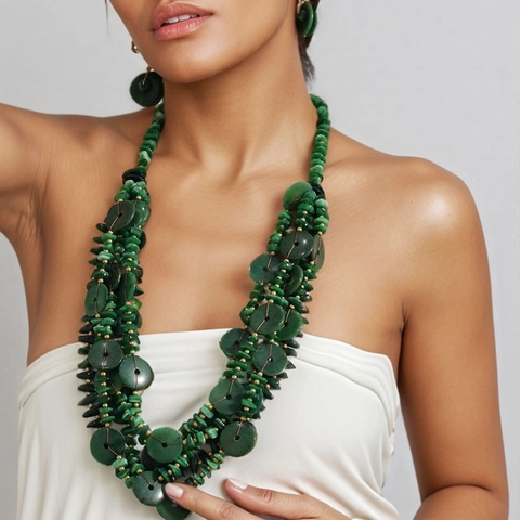 Bohemian Multilayer Necklace And Earrings Acrylic Round Beads CCB Wax Rope Retro Ethnic Style For Women