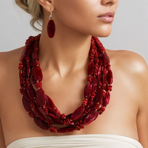 Multi Layer Beaded Necklace Earrings Bohemian Ethnic Retro Acrylic Wax Rope Marble Texture Bold Chunky Statement Jewelry