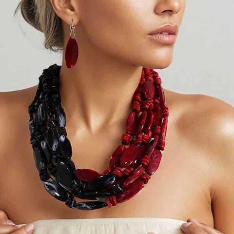 Multi Layer Beaded Necklace Earrings Bohemian Ethnic Retro Acrylic Wax Rope Marble Texture Bold Chunky Statement Jewelry