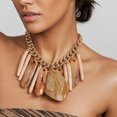 Retro Bohemian Statement Necklace With Alloy Chunky Chain And Irregular Resin Pendants Marble Texture Vintage For Women