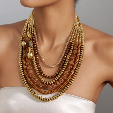Layered Beaded Necklace For Women Multi Strand Alloy Acrylic Glass CCB Beads Bohemian Ethnic Style Jewelry With Toggle Clasp